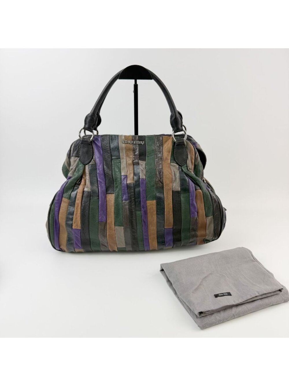 Miu Miu Multicolor Patchwork Gathered Handbag Leather Green Purple Brown Black